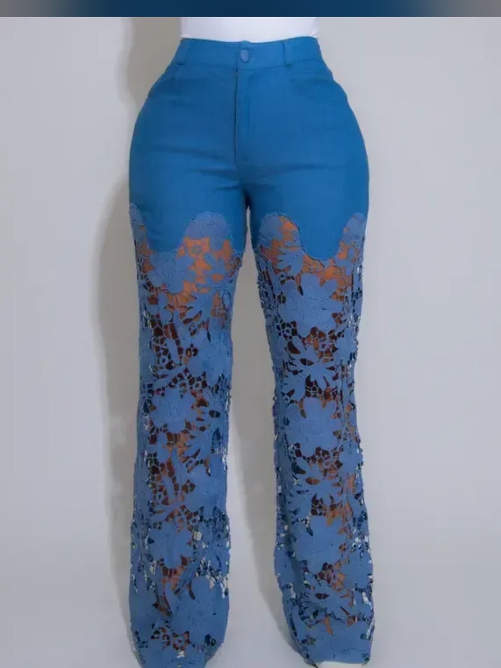 High-Waist Blue Crochet Flare Pants
